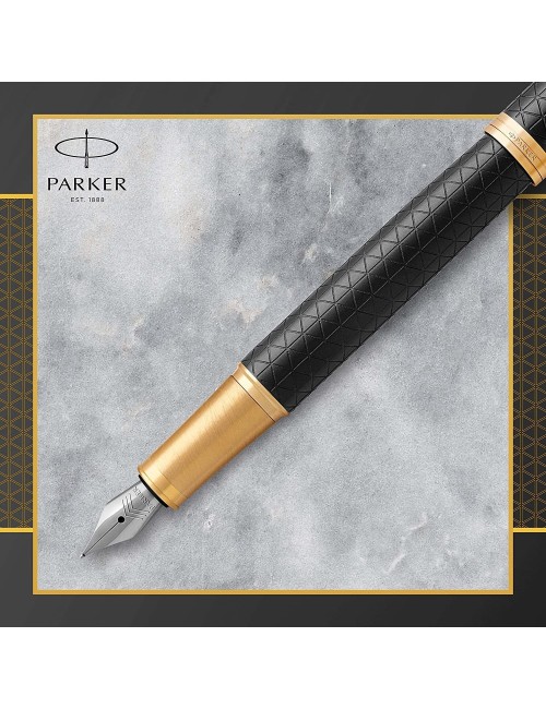 Parker IM Fountain Pen, Black Lacquer Gold Trim, Fine Nib with Blue Ink Refill (1931645)