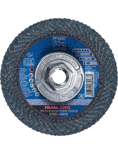 PFERD 67258 Polifan PFR Curve Radial Type Flap Disc, Ceramic Oxide, 4-1/2" Diameter, 5/8-11 Thread, 13300 RPM, 60 Grit