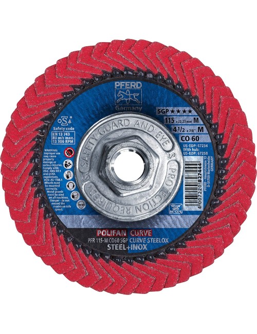 PFERD 67258 Polifan PFR Curve Radial Type Flap Disc, Ceramic Oxide, 4-1/2" Diameter, 5/8-11 Thread, 13300 RPM, 60 Grit