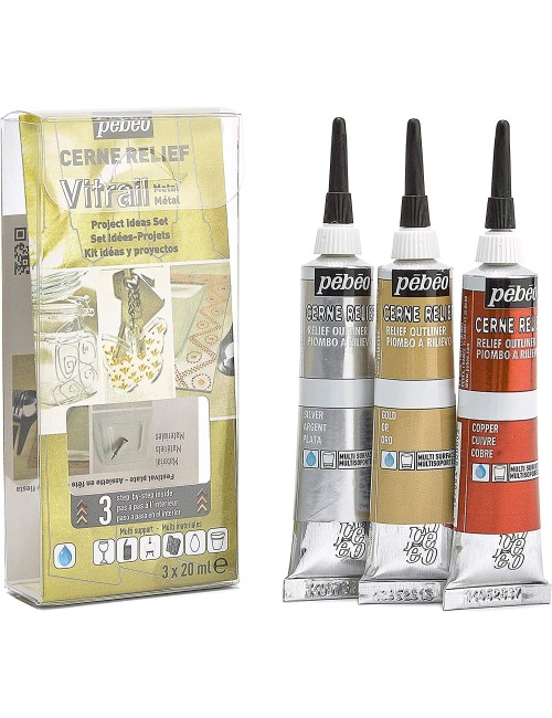 PEBEO 3 x 20 ml Vitrail Cerne Relief Glass Outliner Set, Metal Silver/Gold/Copper
