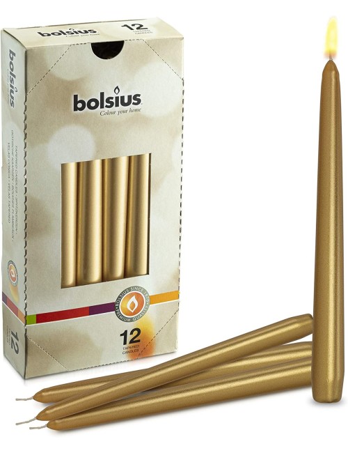BOLSIUS Metallic Gold Taper Candles - 12 Pack Individually Wrapped 10 Inch Dinner Candle Set - 8 Burn Hours - Premium European