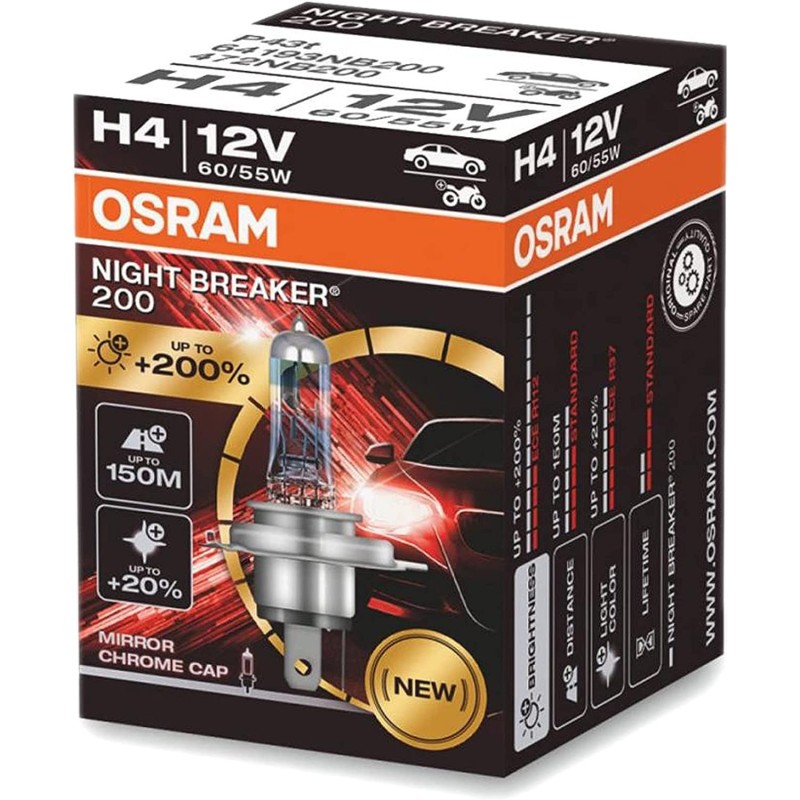 OSRAM NIGHT BREAKER 200, H4, +200% more brightness, halogen headlight lamp, 64193NB200-HCB, 12V, Duo Box (2 lamps), bianco