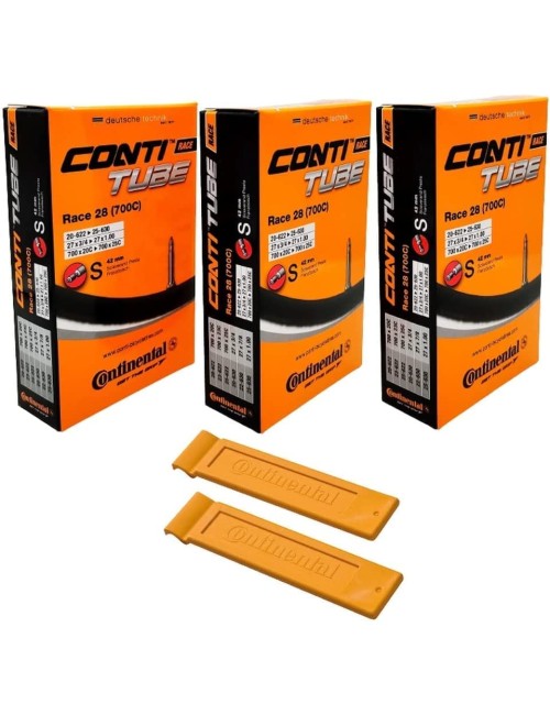 Continental Race 28" 700x20-25c Bicycle Inner Tubes - 42mm Long Presta Valve (Pack of 3 w/ 2 Conti Tire Levers)