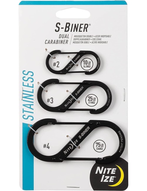 Nite Ize S-Biner Dual Carabiners, Stainless-Steel, Black, Assorted 3-Pack, Sizes 2, 3, 4