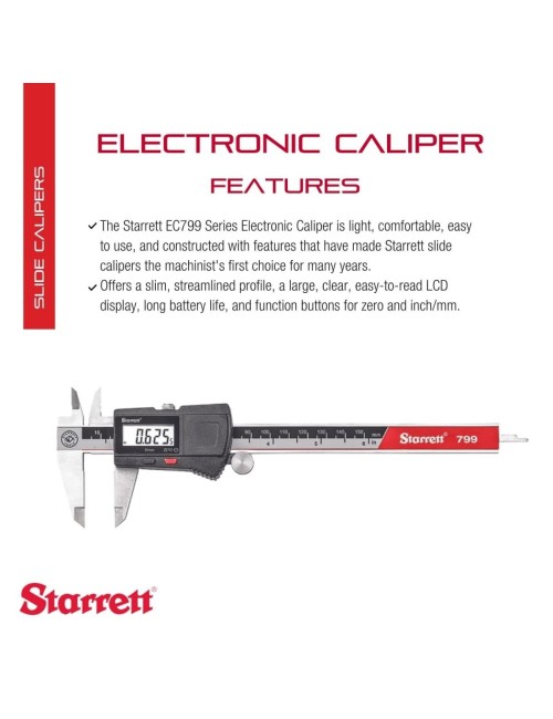 Starrett Stainless Steel Electronic Slide Caliper - 0-6" Range.0005" Resolution, LCD Display, Fine Adjustment Thumb Wheel, in/mm