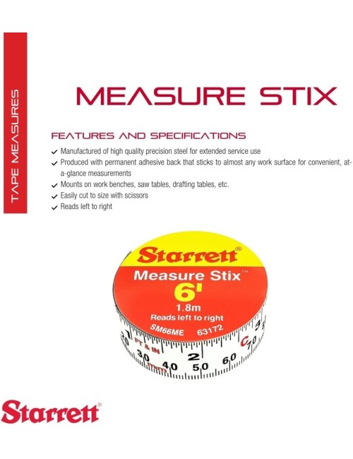 Starrett Tape Measure Stix with Adhesive Backing - Mount to Work Bench, Saw Table, Drafting Table - 3/4" x 6', English Metric,