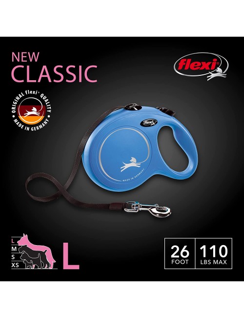 Flexi CL30T8.250.BL New Classic Tape Retractable Leash, Blue, Large/26'