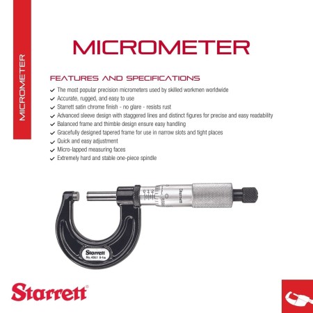 Starrett 436.1XRL-1 Outside Micrometer, Ratchet Stop, Lock Nut, Carbide Faces, 0-1" Range, 0.001" Graduation