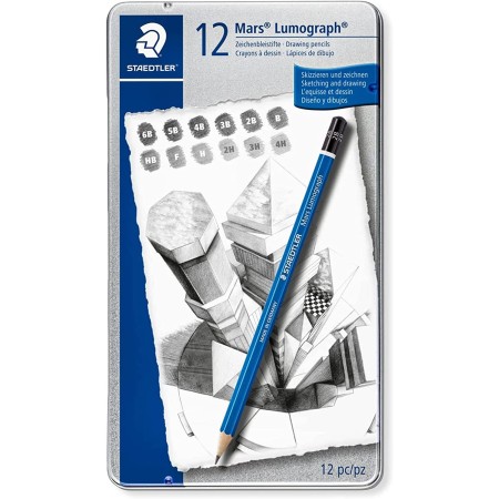 STAEDTLER Mars Lumograph Art Drawing Pencils, Graphite Pencils in Metal Case, Break-Resistant Bonded Lead, Grades 12B-10H, Set