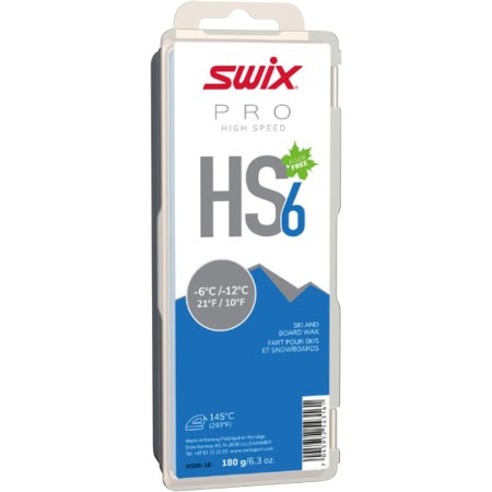 Swix HS06-18 - HIGH Speed Wax - HS6 Blue - 10 to 21 Degrees Fahrenheit - 180g Bar - Fluoro Free - Ski or Snowboard - FIS