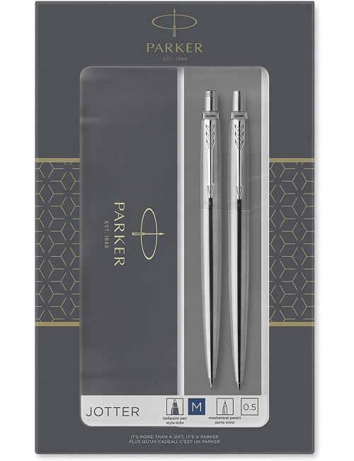 Parker Jotter Duo Gift Set with Ballpoint Pen & Mechanical Pencil (0.5mm) | Stainless Steel with Chrome Trim | Blue Ink Refill
