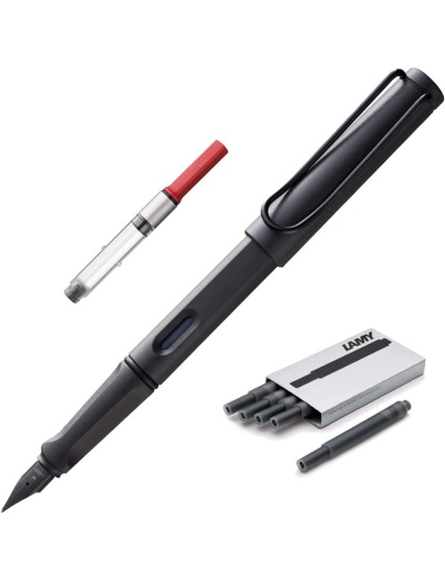 Boxiti Set - Lamy Safari Fountain Pen Charcoal, Fine Nib | 5 Black Ink Cartridges, Z28 Converter and Wipe
