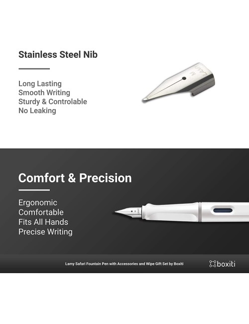 Boxiti Set - Lamy Safari | White | Fine Nib | 5 Black Ink Cartridges, Z28 Converter and Wipe