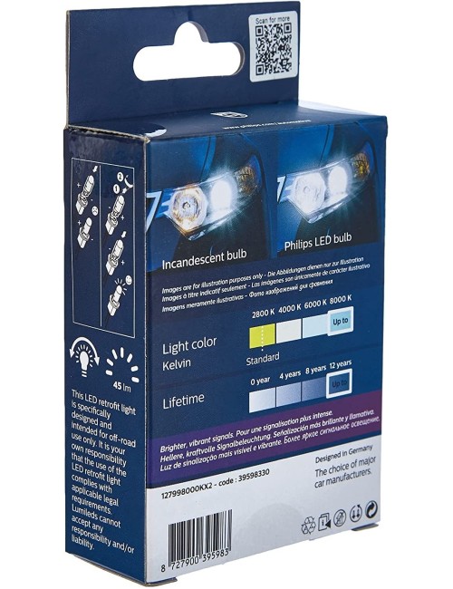 Philips Xtreme Vision 360 LED W5W T10 194 168 (8000K Cool Blue) 2 Pack