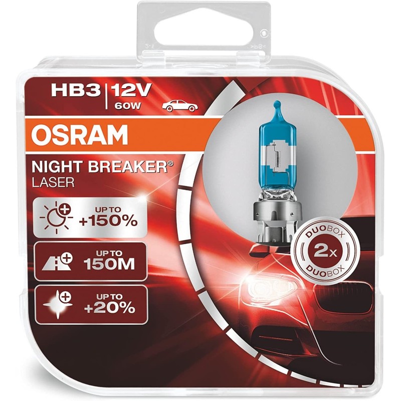 OSRAM NIGHT BREAKER LASER HB3/9005, next generation, 150% more brightness, halogen headlamp, 9005NL-HCB, 12V, passenger car, duo