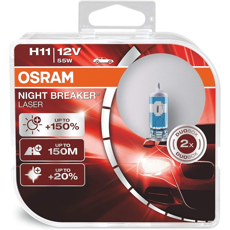 OSRAM NIGHT BREAKER LASER H11, next generation, 150% more brightness, halogen headlamp, 64211NL-HCB, 12V, passenger car, duo box