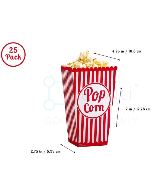 Striped Movie Theater Popcorn Bags - 25 Pack Paper Red Popcorn Boxes - Retro Box Pop Corn Design Candy Container Party Food