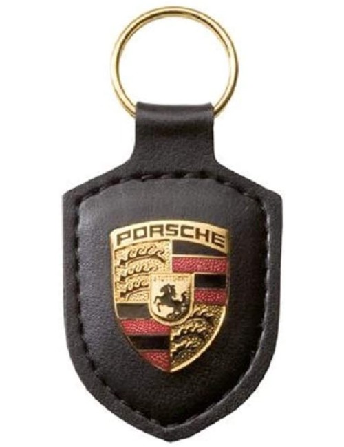 Porsche | Leather Key Chain Ring (82mm x 43mm) Crest Keyfob with Fine Leather | Black Porsche - 1
