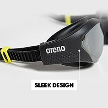 arena The One swim goggle closeup with details on wide design and construction