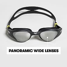 arena The One swim goggle closeup with details on panoramic wide lenses for clear vision
