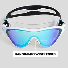 arena The One Swim Mask closeup with details on panoramic wide lenses for crystal-clear vision