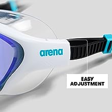 arena The One Swim Mask closeup with details on adjustable clip and split strap for perfect fit