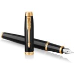 Parker IM Fountain Pen, Black Lacquer Gold Trim, Medium Nib with Blue Ink Refill, Gift Box (1931652)